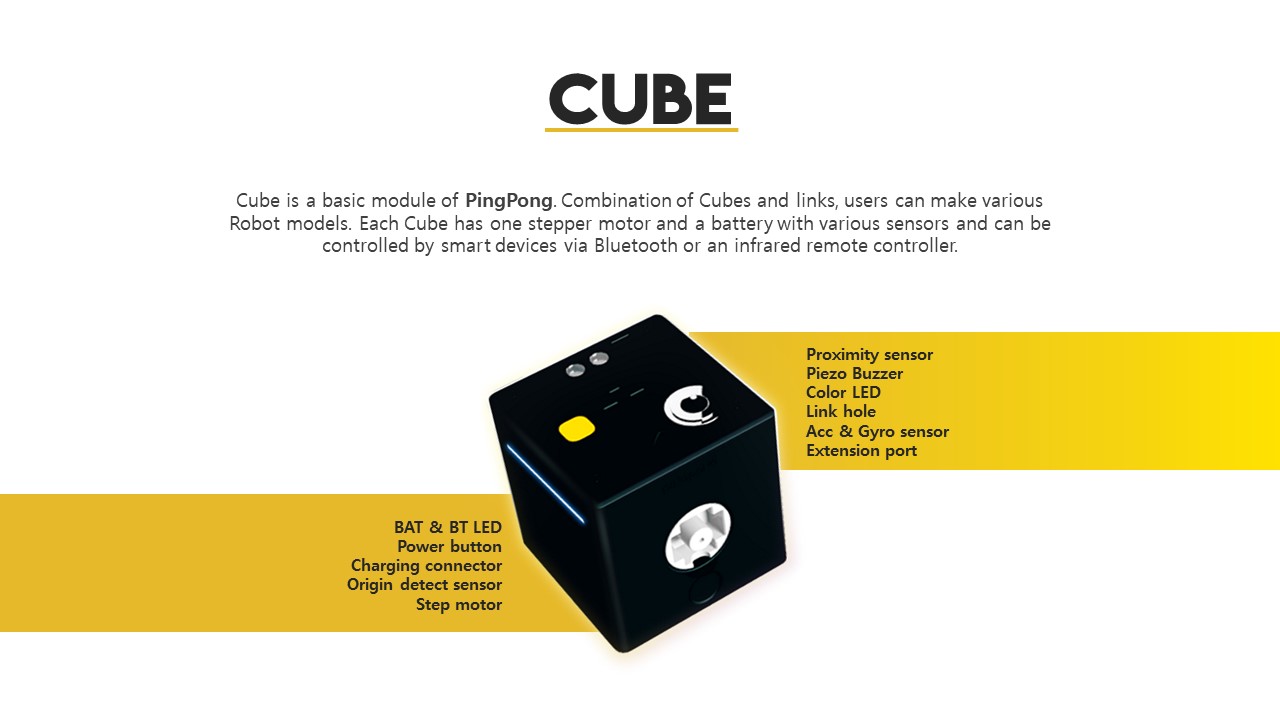 Cube is a basic module of PingPong. Combination of Cubes and links, users can make various Robot models. Each Cube has one stepper motor and a battery with various sensors and can be controlled by smart devices via Bluetooth or an infrared remote controller., Proximity sensor,Piezo Buzzer, Color LED, Link hole, Acc&Gyro sensor, Extension port,BAT&BT LED, Power button,Charging connector,Origin detect sensor,Step motor.