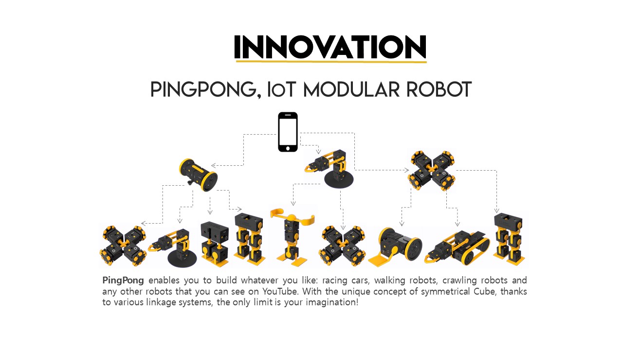 INNOVATION, PINGPONG, LoT MODULAR ROBOT, PingPong enables you build whatever you like: racing cars, walking robots, crawling robots and any other robots that you can see on YouTube. With the unique concept of symmetrical Cube, thanks to various linkage systems, the only limit is your imagination!