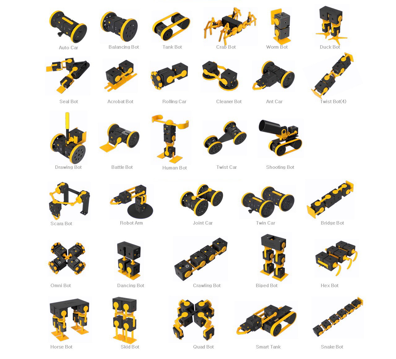 MODELS, Auto Car, Balancing Bot, Tank Bot, Crab Bot, Worm Bot, Duck Bot, Seal Bot, Acrobat Bot, Rolling Car, Cleaner Bot, Ant Car, Twist Bot(4), Drawing Bot, Battle Bot, Human Bot, Twist Car, Shooting Bot, Scara Bot, Robot Arm, Joint Car, Twin Car, Bridge Bot, Omni Bot, Dancing Bot, Crawling Bot, Biped Bot, Hex Bot, Horse Bot, Skid Bot, Quad Bot, Smart Tank, Snake Bot